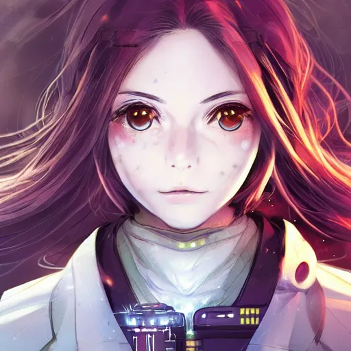 Prompt: Female mage, beautiful face, excited expression, heterochromia, brown hair, symmetrical features, medical background, headshot, sci-fi, luminescent, wires, cables, gadgets, Digital art, detailed, anime, artist Katsuhiro Otomo