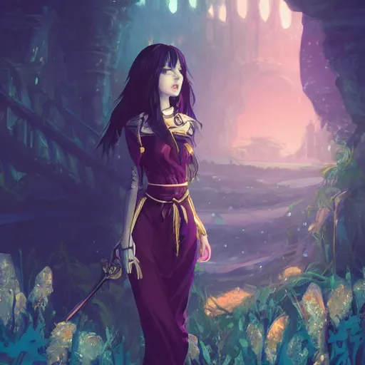 Prompt: portrait of a beautiful girl with dark hair, fantasy style clothing, castle interior background, rich vivid colors, ambient lighting, dynamic lighting, 4k, official media, anime key visual, makoto shinkai, ilya kuvshinov, lois van baarle, rossdraws, detailed, trending on artstation