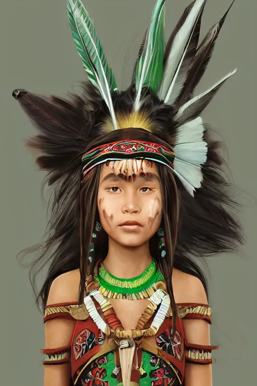 Prompt: a professional cartoony portrait of a indigenous happy kid female warrior, clothed in traditional colombian dance, long dark hair, beautiful bone structure, symmetrical facial features, green eyes, intricate, elegant and graceful, digital painting, concept art, smooth, sharp focus, illustration, finely detailed, from Rayman legends by Ruan Jia and Mandy Jurgens and Artgerm and William-Adolphe Bouguerea, award winning art, trending on Artstation