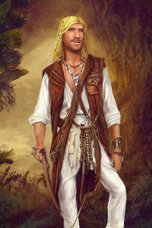 Image similar to a hippy male ranger, dnd, wearing a leather vest and white linen pants, wearing a a shell necklace, long swept back blond hair, a bongo, nunchuku, digital art