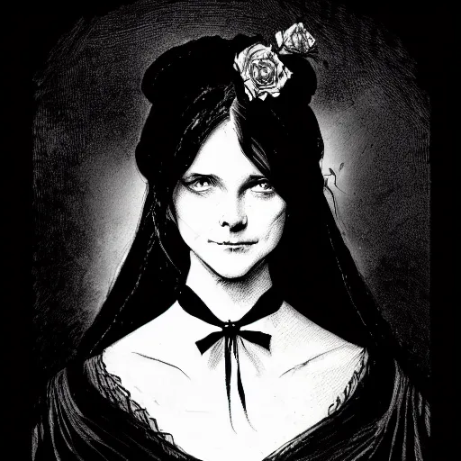 Prompt: an illustration portrait of the face of a girl in black victorian dress and white collar inked by brain froud, charles vess, cinematic lighting, epic composition, highly detailed