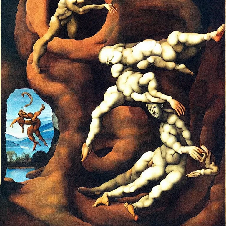 Image similar to optical illusion painting of a couple dancing in a worm hole, illusionism, mind blow, by michelangelo and salvador dali, detailed