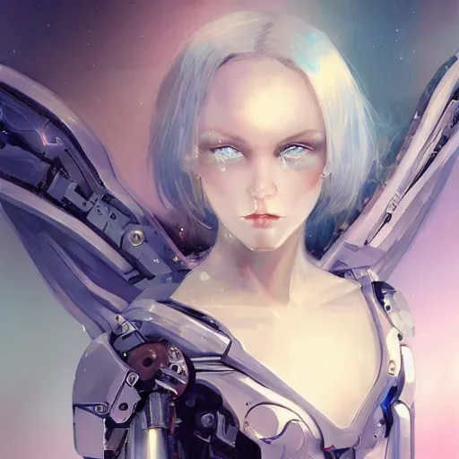 Prompt: Beautiful cyborg angel girl, blue eyes, white hair, front lit, clear skin, futuristic room background, excellent composition, decorations, innocent look, high quality, highly detailed, scifi, trending on ArtStation, art by Minjae Lee, Kim Sang-Hui