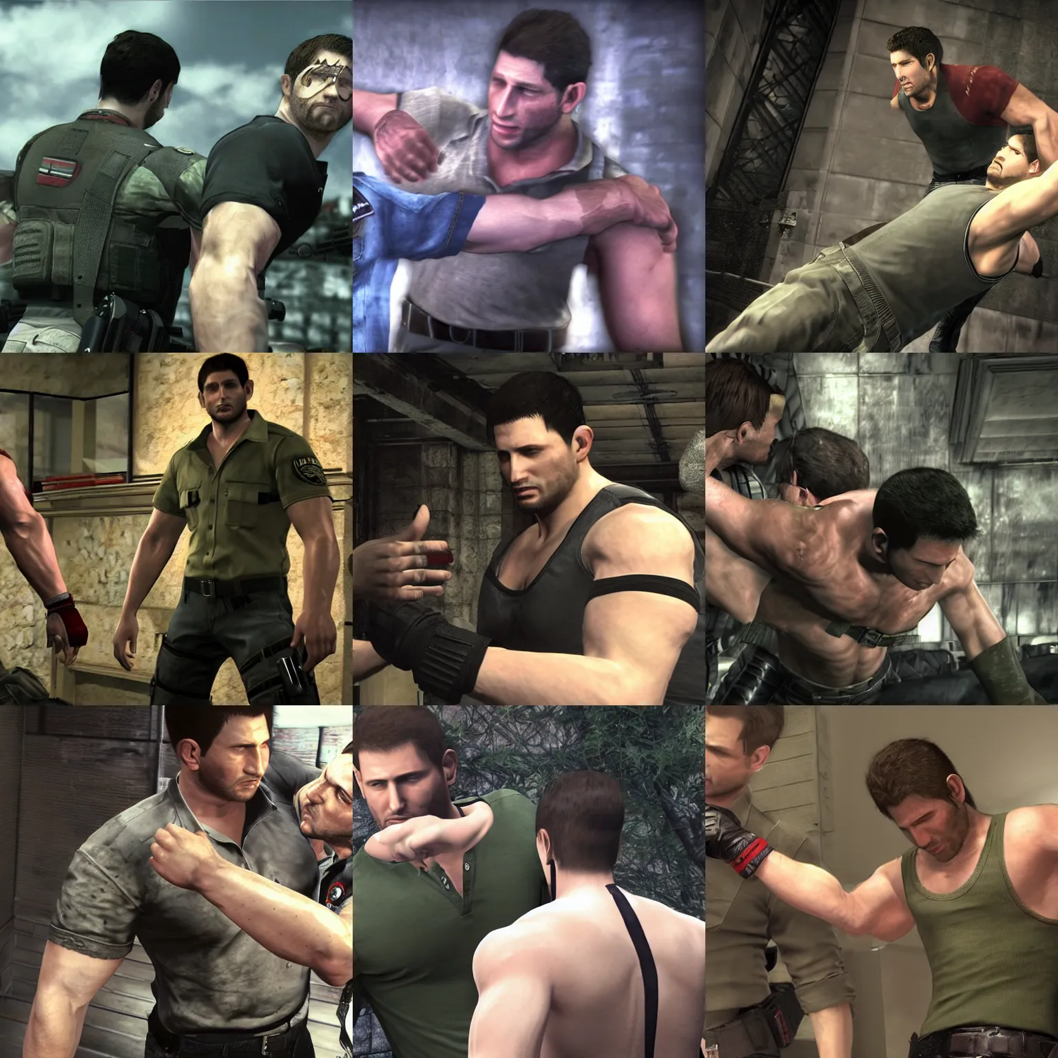 Prompt: chris redfield lifting up leon s. kennedy by his shirt. resident evil, ps 4 screenshot