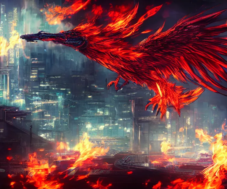 Image similar to neo tokyo, dark fantasy, concept art, video game, phoenix flames