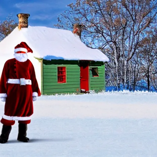 Image similar to santa standing outside a snow - covered cottage, in the style of jenny nystrom