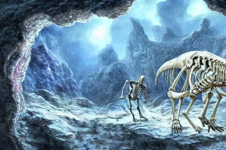 Image similar to dinosaur skeleton in a crystal geode ((in a crystal geode))(((in a crystal geode))), matte-painting