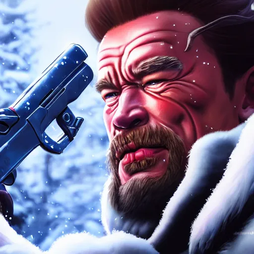 Image similar to a screenshot of arnold schwarzenegger as mei in the snow shooting frost gun in overwatch, portrait, fantasy, beautiful face, vivid colors, elegant, concept art, sharp focus, digital art, hyper - realistic, 4 k, unreal engine, highly detailed, hd, dramatic lighting by brom, trending on artstation