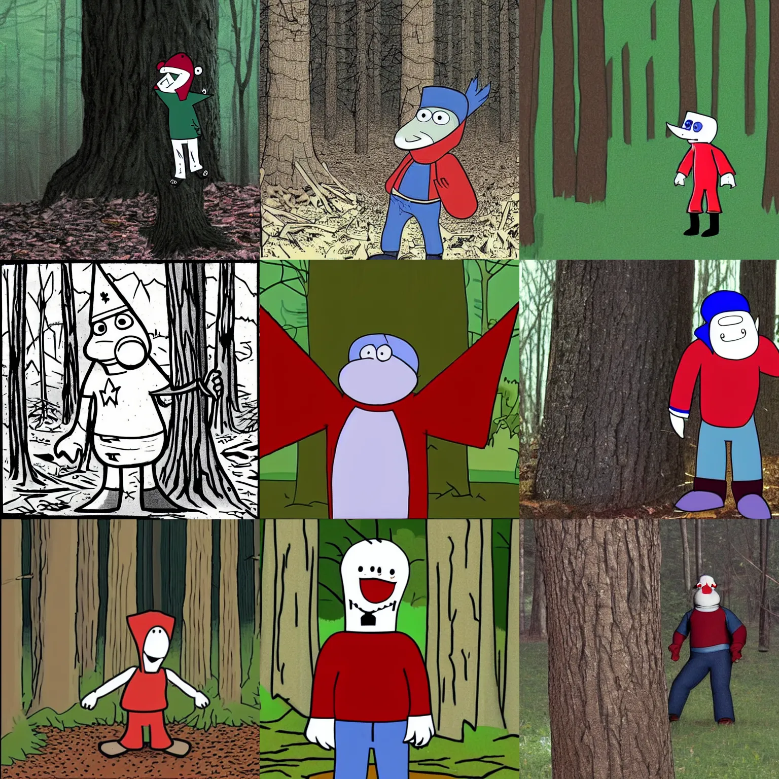 Prompt: still image of Homestar Runner cartoon character from sbemail videos standing in the woods in the Blair Witch Project (1999)