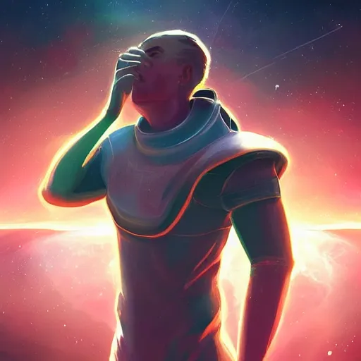 Image similar to digital painting of a man ascending to galactical bliss, stars and nebulas behind, dynamic lighting, cinematic shot, concept art, sci - fi, fantasy, artstation