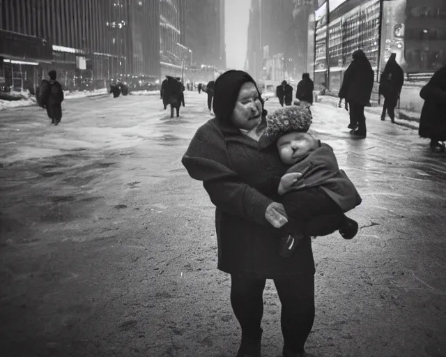 Prompt: there's an infant clinging to his overweight mother in the cold as they go to shop for cigarettes, portra 4 0 0 candid photograph portrait by annie leibovitz, humans of new york, 3 5 mm macro shot, f / 3 2, hyperrealistic, cinematic lighting, hd wallpaper, 8 k, 4 k