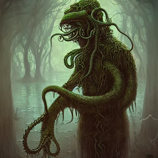 Prompt: happy lovecraftian swamp monster with tentacles by tom bagshaw