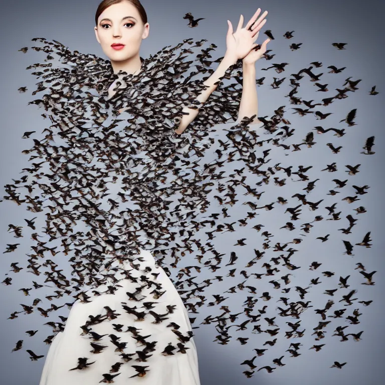 Image similar to “a beautiful woman in a dress made of pigeons, high fashion, concept fashion, studio lighting, nyc, 8k, 4k”