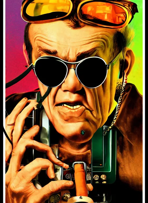 Image similar to Fear & Loathing in Las Vegas style movie poster artwork, Rendering of Hunter S Thompson talking on a rotary telephone at his desk late at night smoking a cigarette with a long filter and wearing a green accountants visor, clean, full of detail, Matte painting, trending on artstation and unreal engine