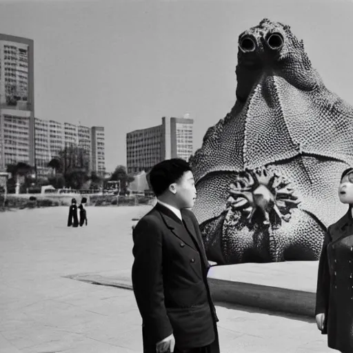 Prompt: a kaiju - eiga filmstill of a man in a suit and a woman in hanbok looking at a giant humanoid starfish creature in the middle of pyongyang city, 1 9 5 0 s film noir, kaiju thriller, 3 5 mm film, ultrawide long lens, view from afar