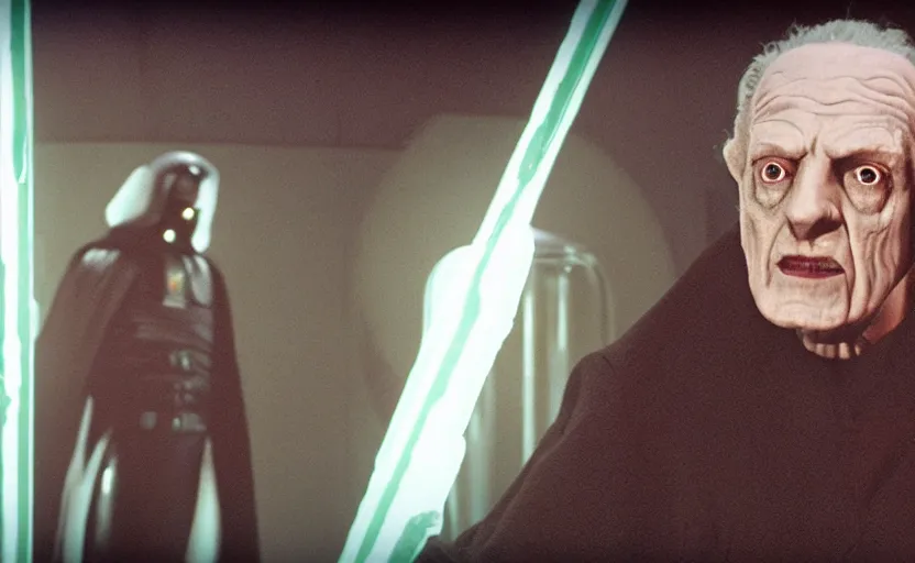 Prompt: screenshot portrait of Emporer Palpatine, in a clone lab, glowing glass containers with mutant bodies, iconic scene from 1970s horror film by Stanley Kubrick, Ridley Scott, the last jedi, 4k HD, cinematic lighting, beautiful portrait of ian mcdiarmid, moody scene, stunning cinematography, anamorphic lenses, kodak color film stock