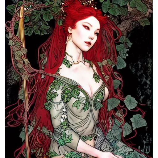 Prompt: a beautiful painting of poison ivy as a medieval chinese princess, dark eyeliner, intricate, elegant, highly detailed, digital painting, artstation, concept art, matte, sharp focus, illustration, art by rebecca guay and by arthur rackham and by alphonse mucha and by john william waterhouse