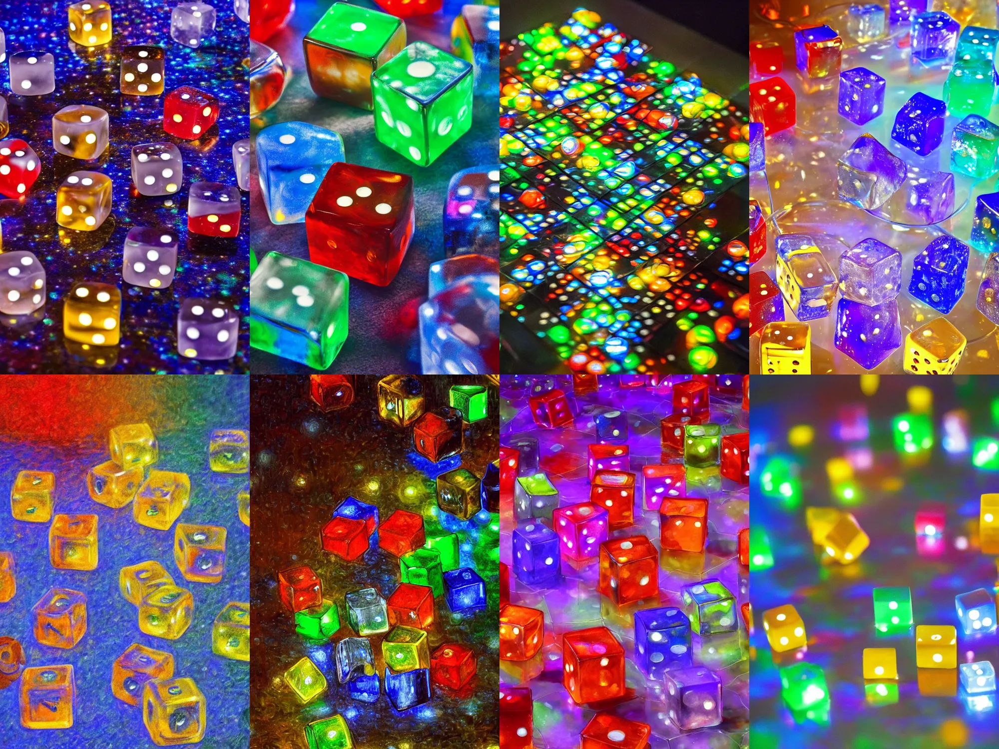 Prompt: dices from color glass bounces, cubes and coctail in glass on table, night lights, art by clode monet, 8 k realistic, hyperdetailed, beautiful lighting, detailed background, dof, macro, caustic, reflections