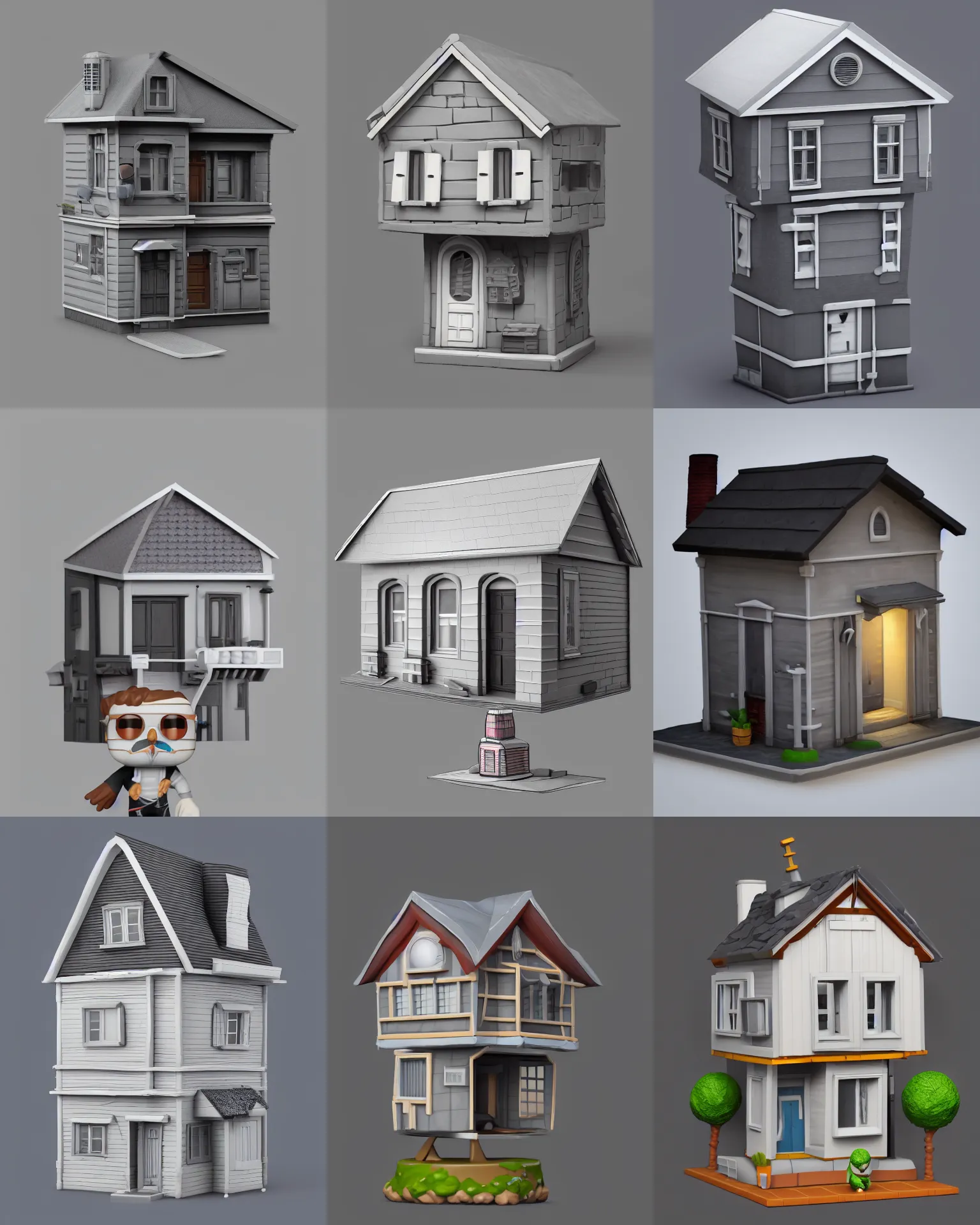 Prompt: full body 3d render of a house as a funko pop!, studio lighting, grey background, single body, no shadow, blender, trending on artstation, 8k, highly detailed