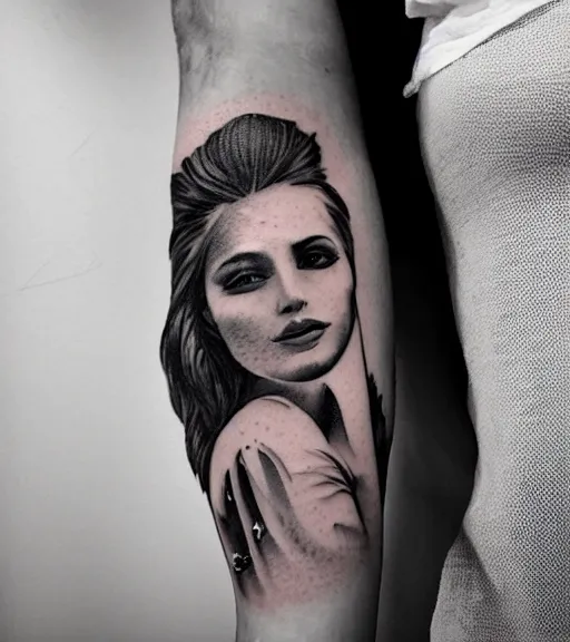 Image similar to tattoo design sketch of an extremely beautiful woman face next to a faded background of beautiful mountains on her side, hyper - realistic, double exposure effect, in the style of matteo pasqualin, amazing detail, black and white, faded