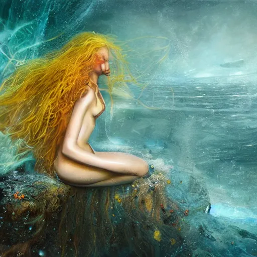 Prompt: Portrait of a mermaid in a sunken ship, face, orange flowing hair, fantasy, intricate, elegant, beautiful, magical, luminescent, enchanted, yellow mist, highly detailed, hyper realistic, digital painting, artstation, concept art, smooth, sharp focus, art by Heady Tale and Artem Demura and Norman Rockwell, 4k, 8k