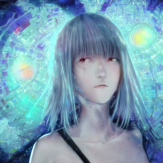 Image similar to rei ayanami, deep space, seascape, grimes, lain iwakura, silver hair, masterpiece by shikinami asuka langley, cosmos, psychedelic flowers, black opal, rainbow aura quartz, organic, oni compound artwork, of character, render, artstation, portrait, wizard, beeple, art, fantasy, epcot, psychedelic glitchcore