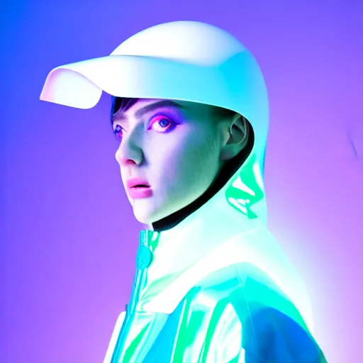 Image similar to an ultra high definition professional studio quality portrait photograph of an artificial celebrity cyberpunk pop star wearing a transparent iridescent perspex pastel coloured face visor and matching raincoat in an empty white room. dramatic lighting. volumetric shadows. light rays