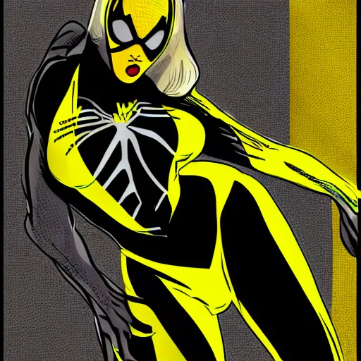 Image similar to black and yellow spiderman girl costume drawn by steve ditko comic book art style, 4 k digital art