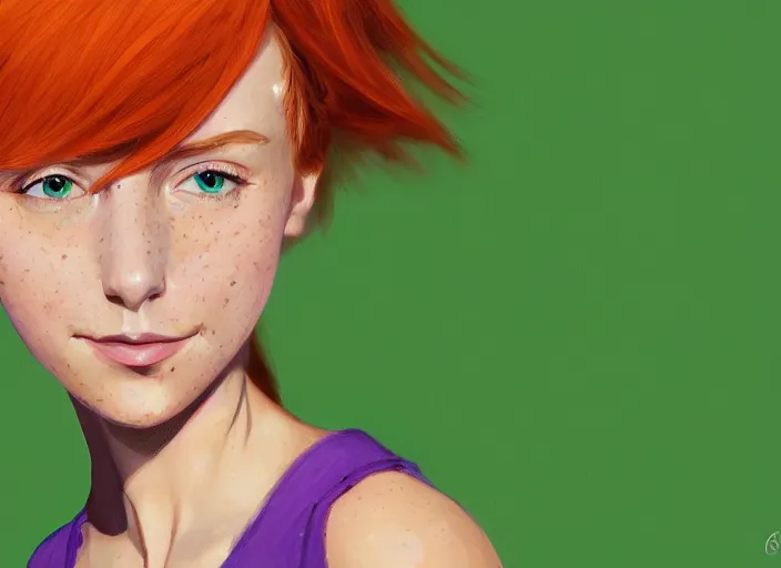 Image similar to portrait of a beautiful smiling girl with orange hair and freckles, green eyes, highly detailed, digital painting, style by Gretel Lusky, artstation, concept art, smooth, sharp, focus, illustration. background is purple