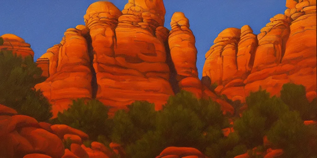 Image similar to sedona's cathedral rock bluff, oil painting, twilight, intricate lines, elegant, extreme detail, sharp focus, art by vermeer and edward church