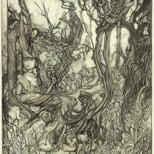 Prompt: once upon a midnight dreary, while i pondered, weak and weary, over many a quaint and curious volume of forgotten lore, by arthur rackham, highly detailed, 8 k,