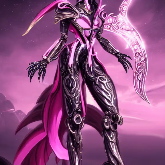 Image similar to highly detailed exquisite fanart, of a beautiful female warframe, but as an anthropomorphic robot dragon, shiny silver armor engraved, Fuchsia skin beneath the armor, elegant pose, close-up shot, full body shot, epic cinematic shot, long elegant tail behind, sharp claws, robot dragon hands and feet, professional digital art, high end digital art, singular, realistic, DeviantArt, artstation, Furaffinity, 8k HD render