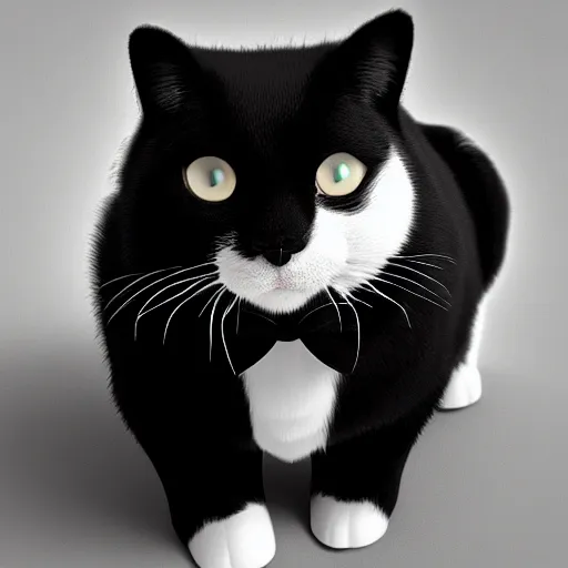 Prompt: black and white tuxedo cat, soft fur, photorealistic 8k highly detailed, rendered in octane 50mm depth of field