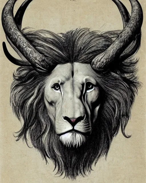 Image similar to human - eagle - lion - ox portrait. horns. beak. mane. drawn by da vinci