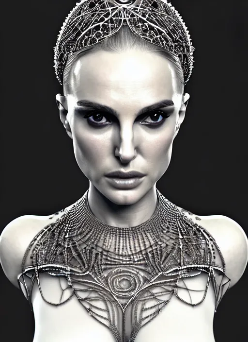 Image similar to bust of an absurdly beautiful, graceful, sophisticated, fashionable futuristic woman, facial piercings, natalie portman, heavy body modification, implants, prosthetics, hyperdetailed by popovy sisters, intricate linework, white porcelain skin, faberge, intricate chrome headdress, dark atmosphere, unreal engine 5 highly rendered, global illumination, radiant light, detailed and intricate environment