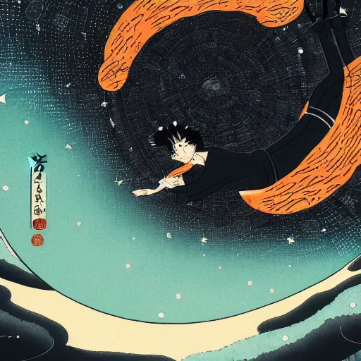 Prompt: a man falling into a black hole ukiyo - e, radiant light, detailed and intricate environment, 4 k, trending on art station, beautiful