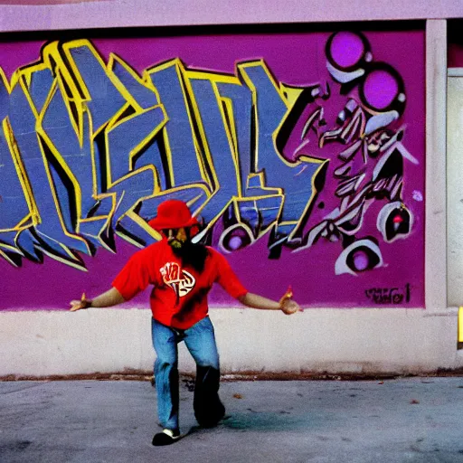 Image similar to 1990s candid photography of ugly dork wearing a fez hat breakdancing in public, cinematic, film grain, ultraviolet graffiti on walls