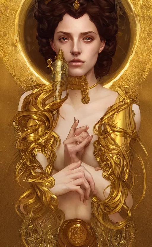 Image similar to portrait of circe, greek mythology, goddess, golden crown and outfit, intricate, headshot, highly detailed, digital painting, artstation, concept art, sharp focus, cinematic lighting, illustration, art by artgerm and greg rutkowski, alphonse mucha, cgsociety