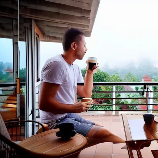 Image similar to couple drinking coffee morning balcony rain peaceful