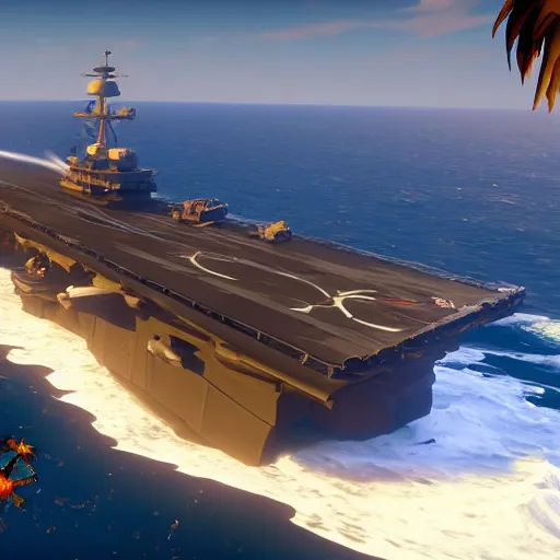 Image similar to Gameplay screenshot of an aircraft carrier!!! in Sea of Thieves!!!, Unreal Engine