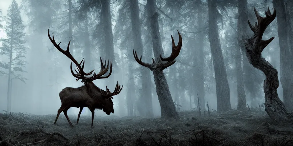Prompt: leshen with deer skull head, and moose horns, ram skulls, grand imposing powerful sculpture. swirls of mist. occult photorealism, uhd, amazing depth, volumetric lighting, cinematic lighting. epic landscape.
