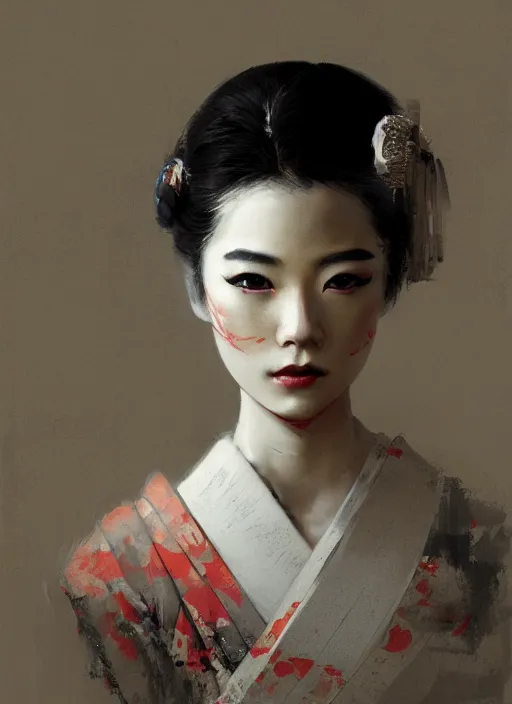 Image similar to female geisha girl, beautiful face, rule of thirds, intricate outfit, spotlight, by greg rutkowski, by jeremy mann, digital painting