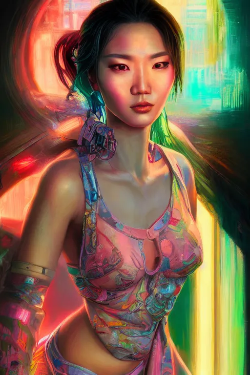 Image similar to stunning highly detailed portrait of a beautiful asian female cyberpunk, soft lighting, pastel neon colors, oil on canvas, strong lighting, by Glenn Fabry, HD, 4K