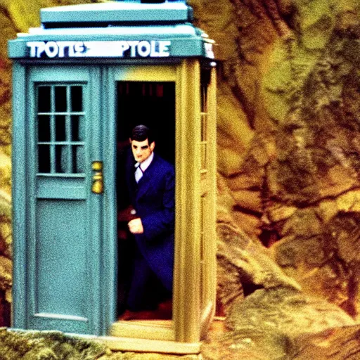 Prompt: color photo of mr spock exiting the tardis