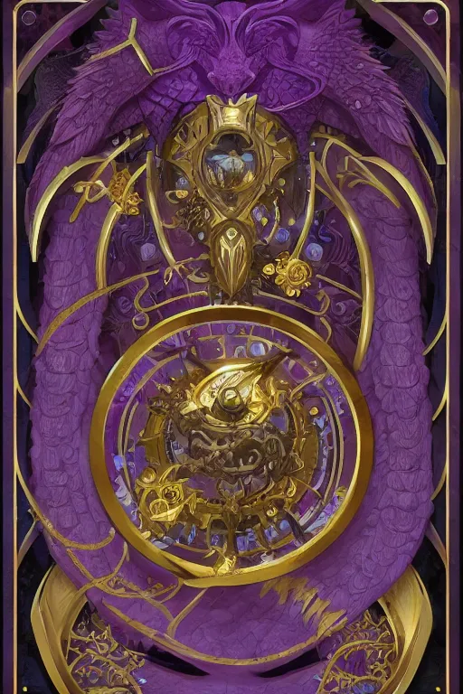 Prompt: Boardgame card, with ornamental edges, sharp, symmetrical, Lovecraftian, purple, gold, black and blue, tzeentch, by greg rutkowski and alphonse mucha, 8k, trending on artstation