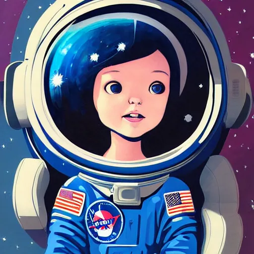 Prompt: a painting of a little girl with short wavy curly light brown hair and blue eyes, floating in space. she is an astronaut, wearing a space suit. beautiful detailed face line art by ilya kuvshinov and