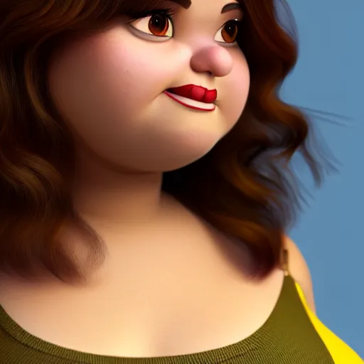 Image similar to A portrait of a full figured woman, a cute 3d cgi toon woman with brown hair in a Bob, brown eyes, full face, olive skin, romanian heritage, medium shot, mid-shot, hyperdetailed, 8k, trending on artstation, as a Pixar character