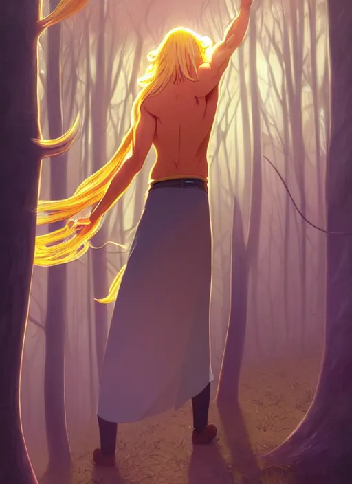 Image similar to book cover design, slender young man with long golden blond hair, shiny and sparkling, from behind, back shot, high angle, lost in a magical forest, natural lighting, path traced, highly detailed, high quality, cartoon, digital painting, by don bluth and ross tran and studio ghibli and alphonse mucha