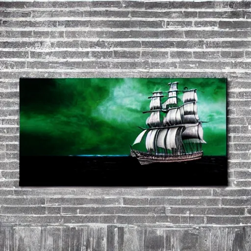 Prompt: pirate ship galleon dark green hull, pitch black sails, beautiful photorealistic painting