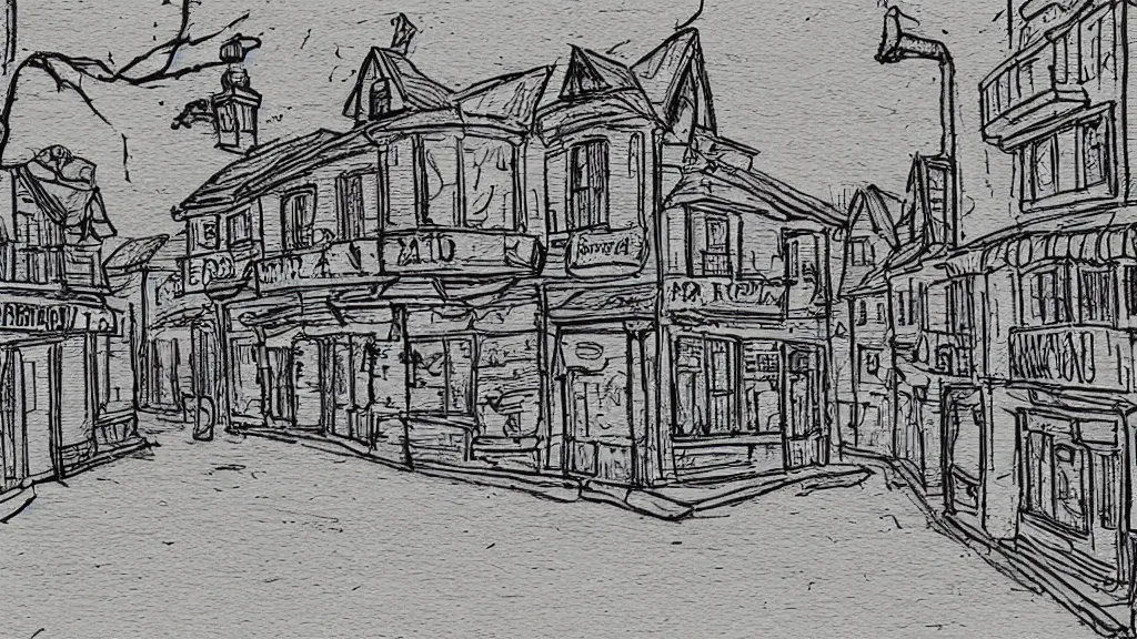 Prompt: a street of a small town. hatching art style.